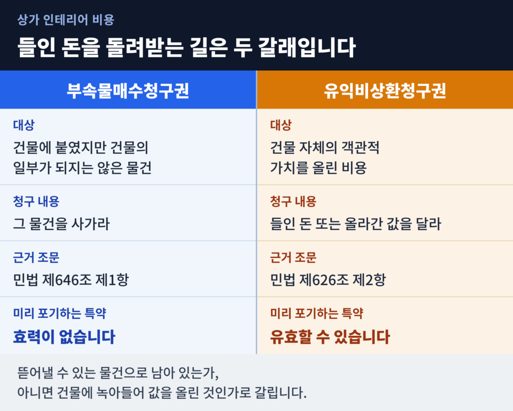 부속물매수청구권과 유익비상환청구권의 대상, 청구 내용, 근거 조문, 특약으로 미리 포기할 수 있는지를 두 열로 비교한 도표